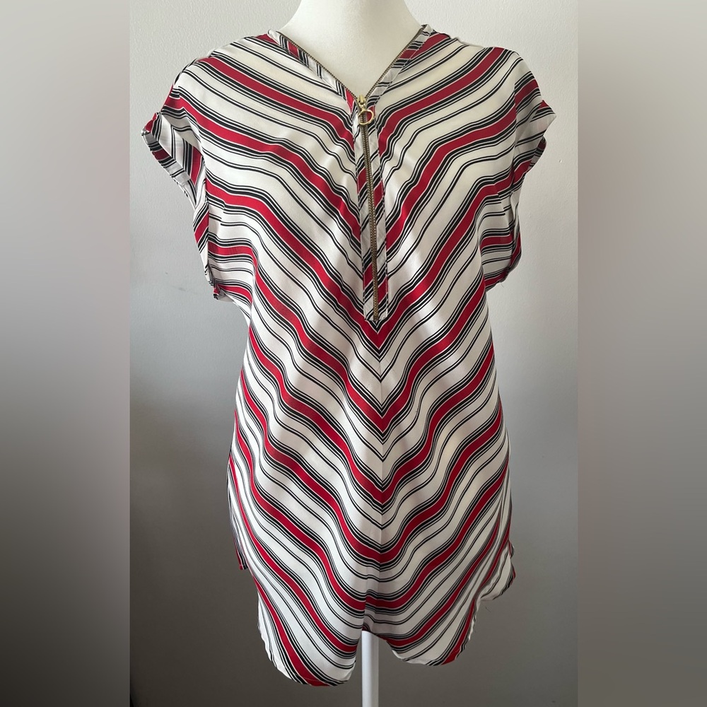 Roz & Ali Red and White V-Neck Striped Blouse